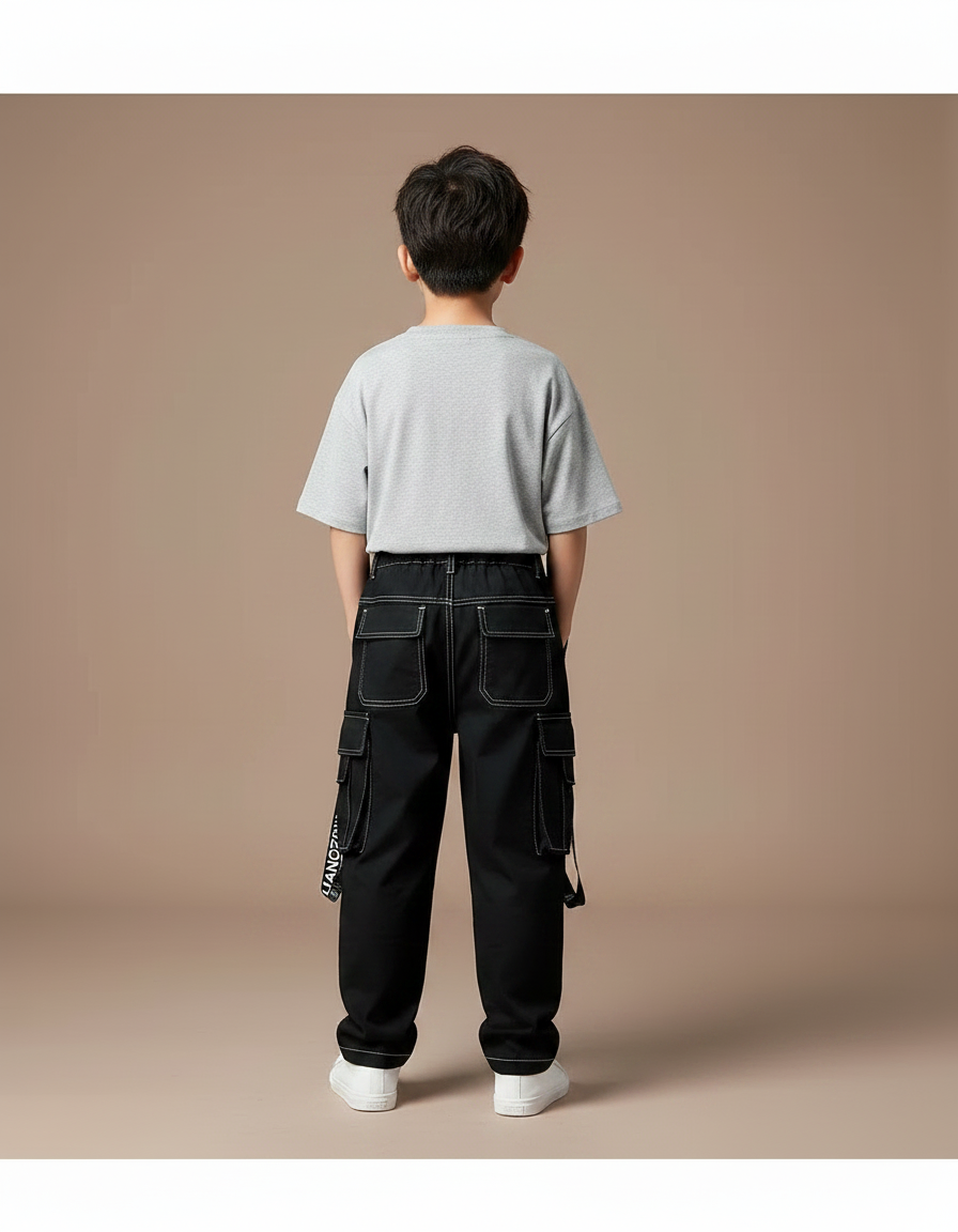 Pantalon Noir Cargo Garçon Surpiqûres Blanches Streetwear - Toile - vue 2