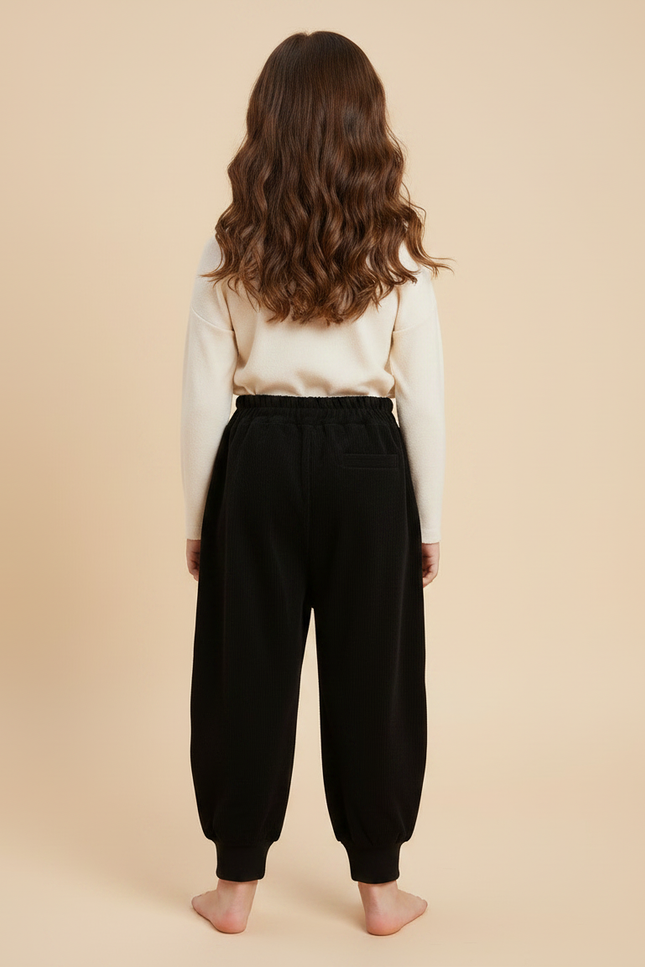 Pantalon Noir Côtelé Ample Boutons Décontracté Enfant - Cordé - vue 2
