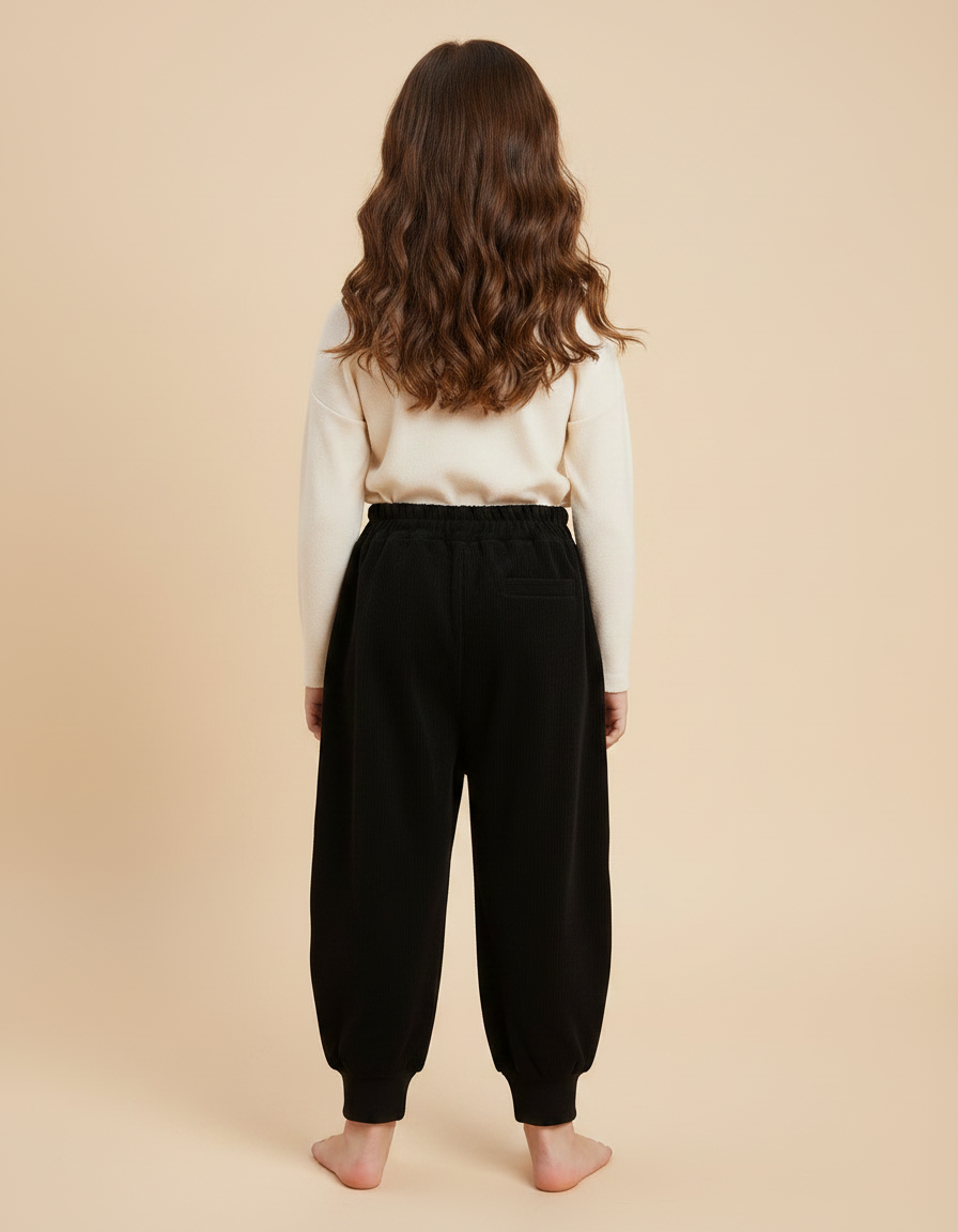 Pantalon Noir Côtelé Ample Boutons Décontracté Enfant - Cordé - vue 2