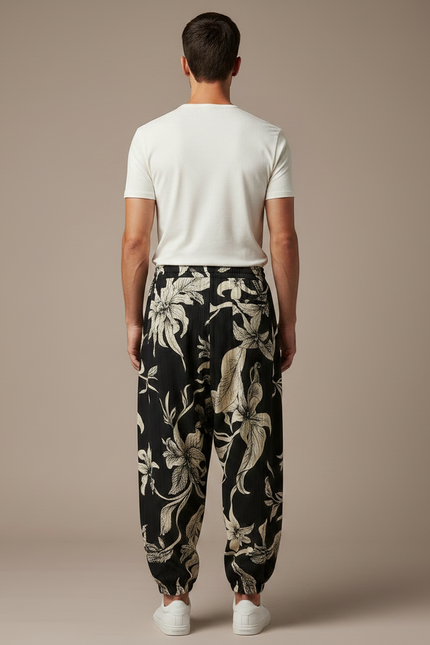 Pantalon Noir Harem Floral Ample Homme Décontracté - Viscose - vue 2