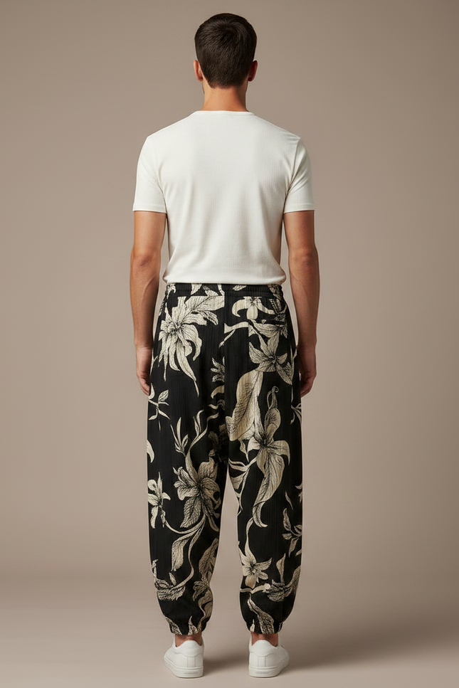 Pantalon Noir Harem Floral Ample Homme Décontracté - Viscose - vue 2