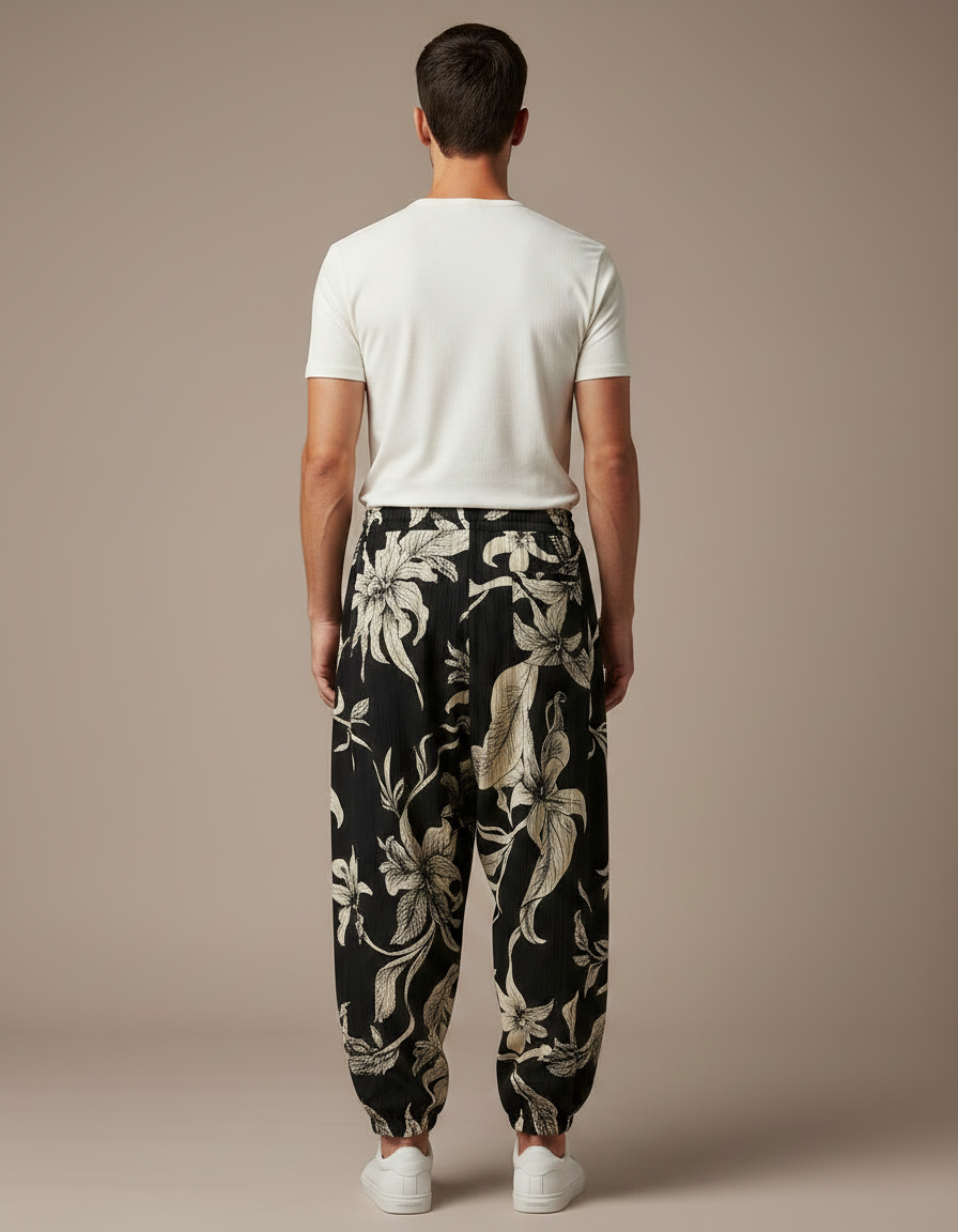 Pantalon Noir Harem Floral Ample Homme Décontracté - Viscose - vue 2