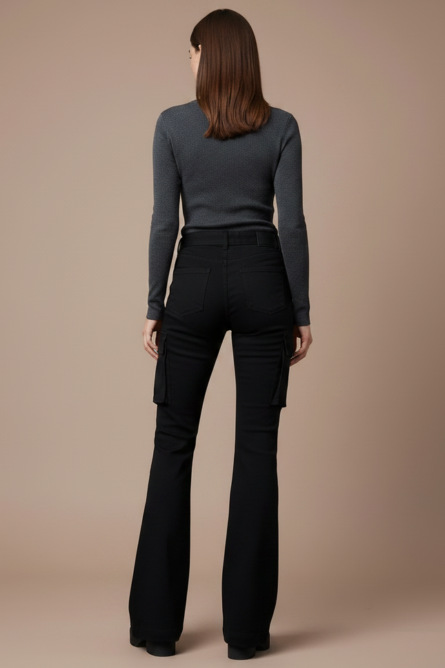 Pantalon Noir Évasé Rivets Cargo Boutons Femme - Gabardine - vue 2
