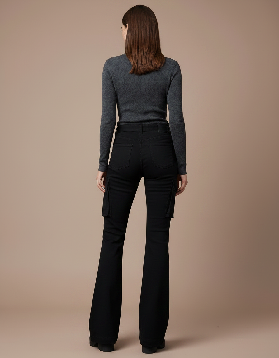 Pantalon Noir Évasé Rivets Cargo Boutons Femme - Gabardine - vue 2