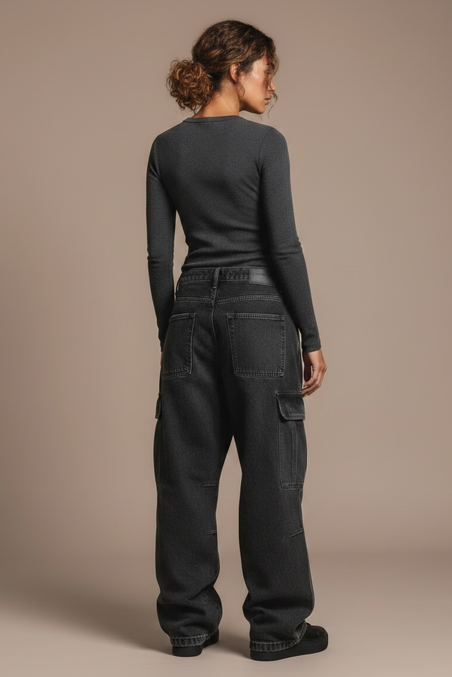 Pantalon Noir Ample Cargo Délavé Streetwear Femme - Jean - vue 2