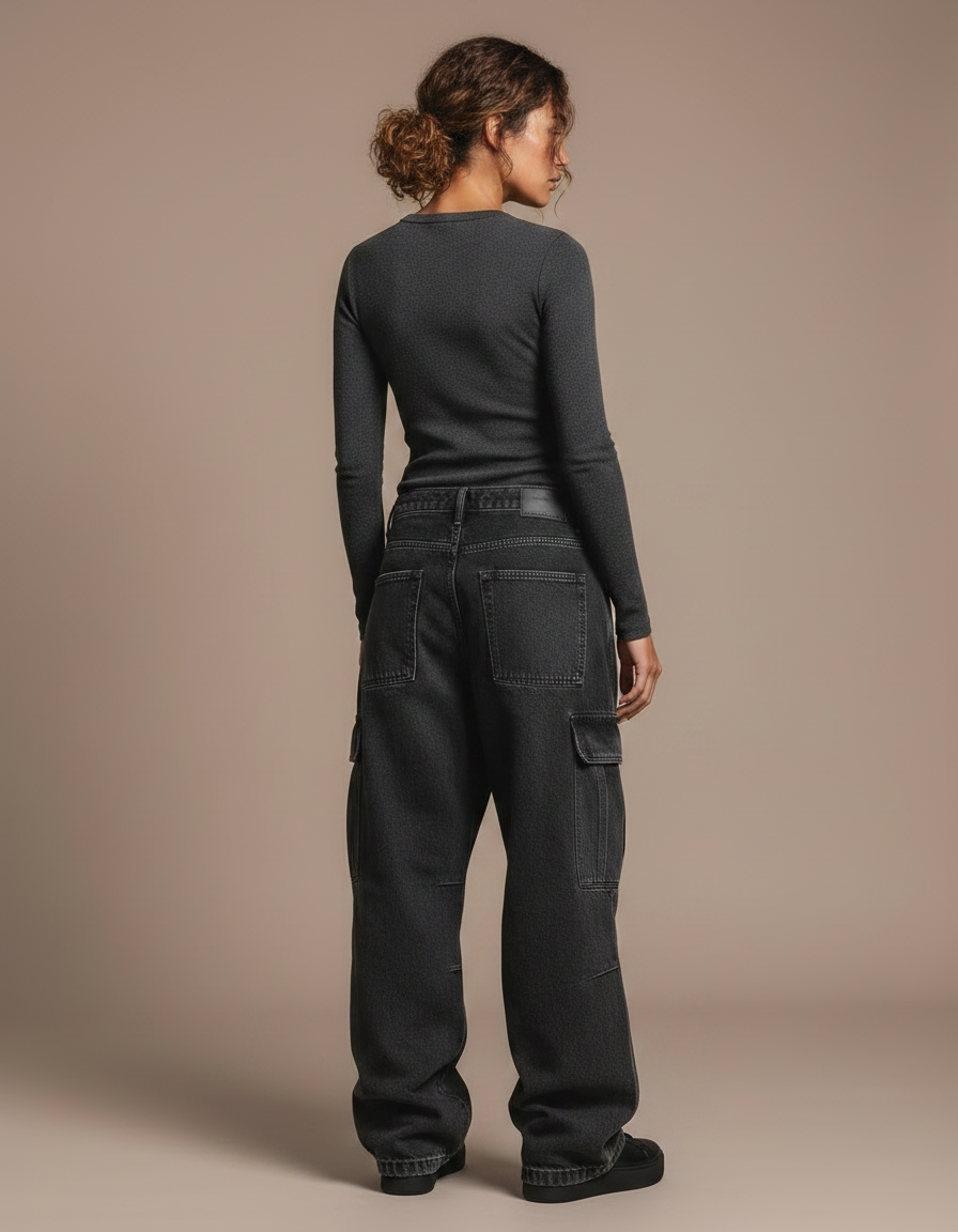 Pantalon Noir Ample Cargo Délavé Streetwear Femme - Jean - vue 2