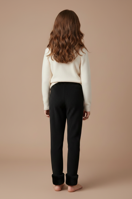 Pantalon Noir Côtelé Doublé Polaire Fille Hiver - Maille - vue 2