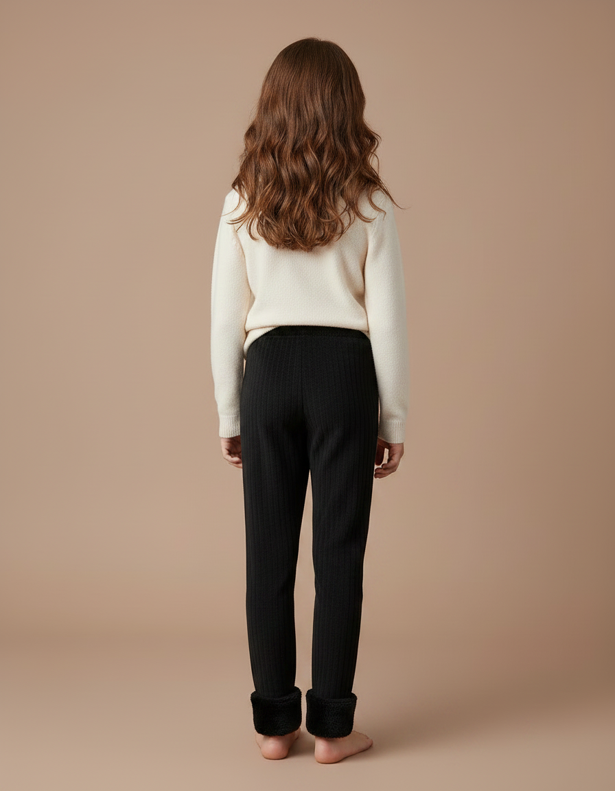 Pantalon Noir Côtelé Doublé Polaire Fille Hiver - Maille - vue 2