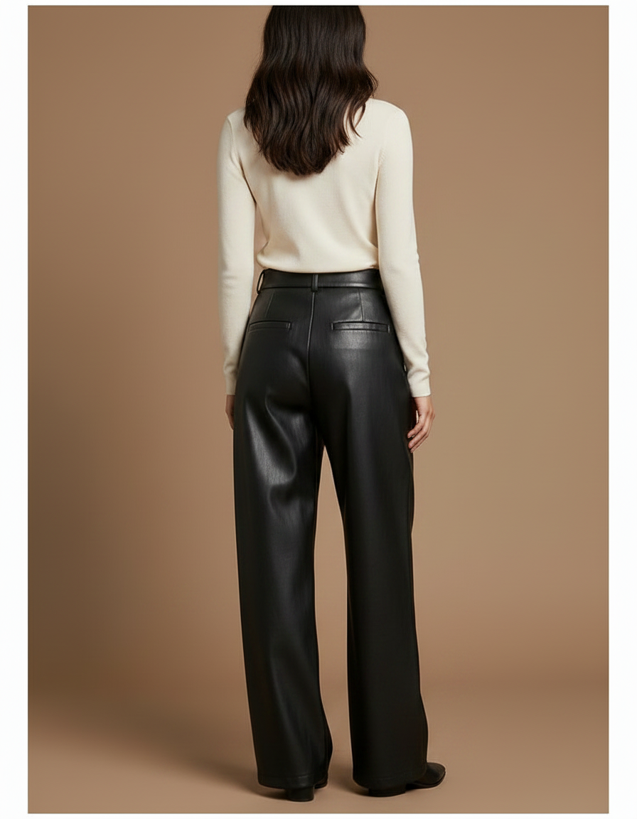 Pantalon Noir Similicuir Plissé Large Élégant Femme - Simili cuir - vue 2