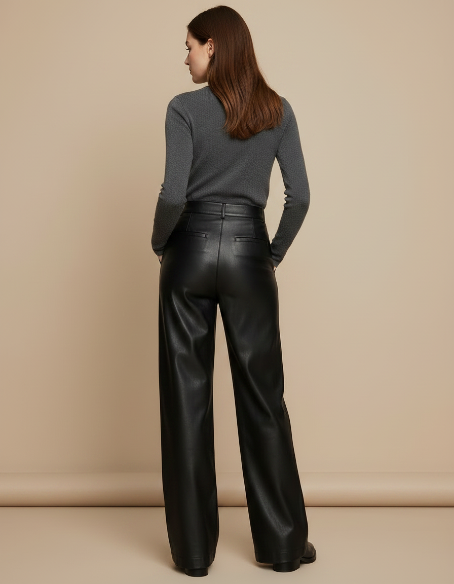 Pantalon Noir En Cuir Ample Droit Élégant Femme - vue 2
