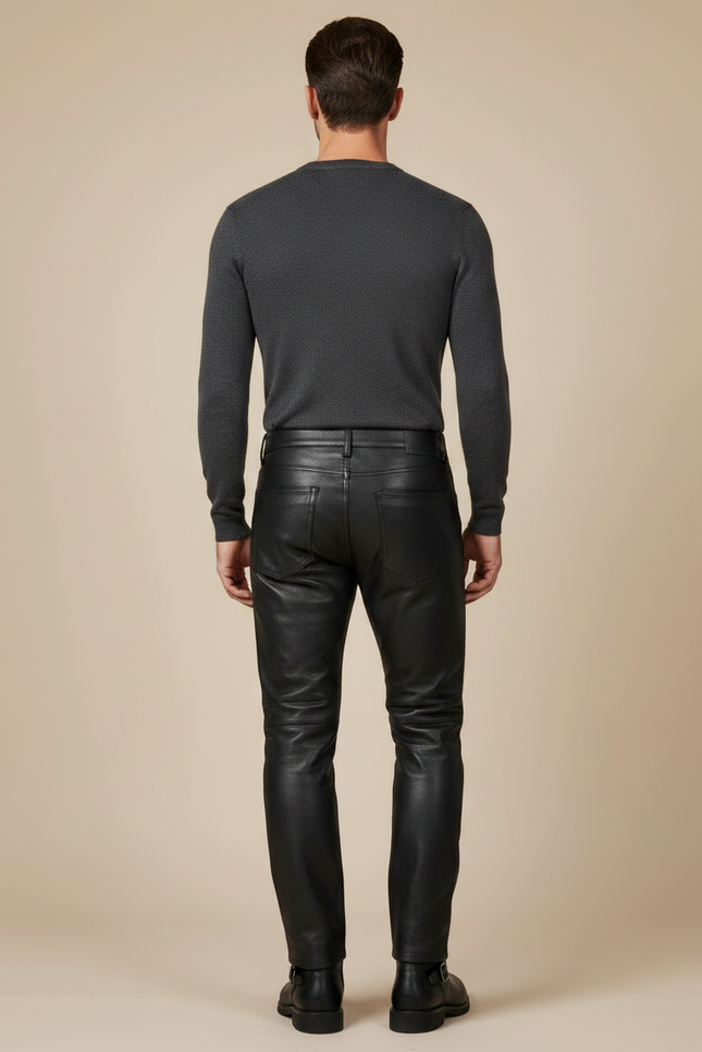Pantalon Noir Cuir Motard Slim Matelassé Homme - vue 2