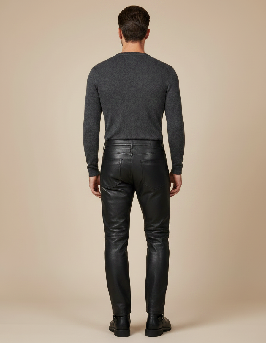 Pantalon Noir Cuir Motard Slim Matelassé Homme - vue 2
