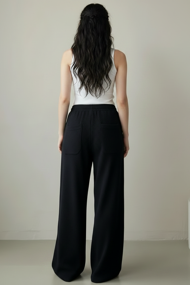 Pantalon Noir Ample Côtelé Décontracté Femme - Cordé - vue 2