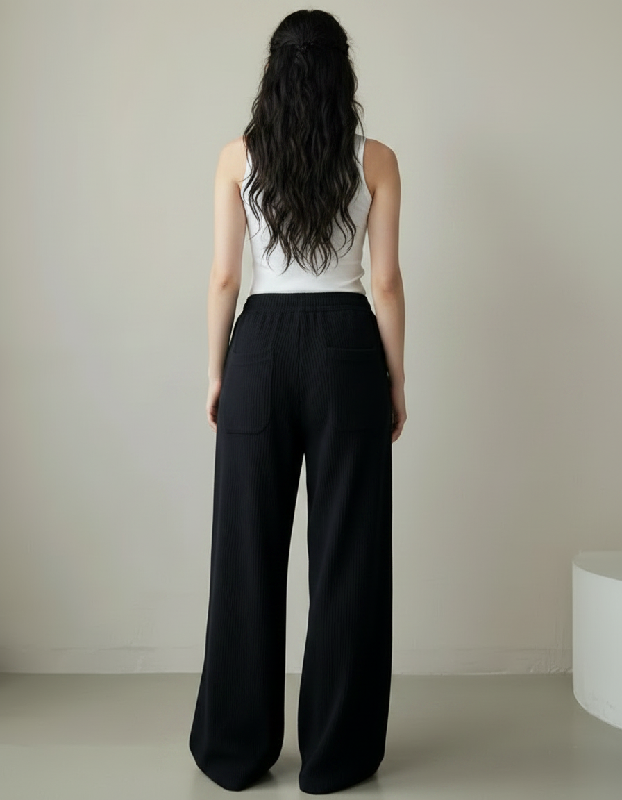 Pantalon Noir Ample Côtelé Décontracté Femme - Cordé - vue 2