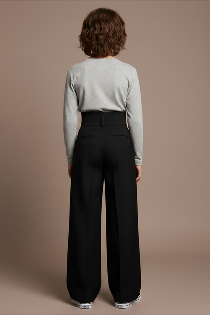 Pantalon Noir Ample Taille Haute Décontracté Enfant - Gabardine - vue 2