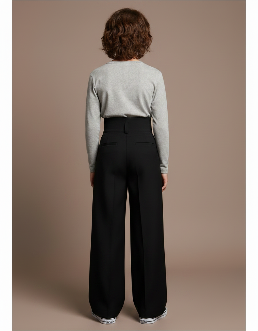 Pantalon Noir Ample Taille Haute Décontracté Enfant - Gabardine - vue 2