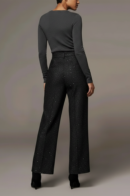 Pantalon Noir Paillettes Large Évasé Élégant Femme - Polyester - vue 2