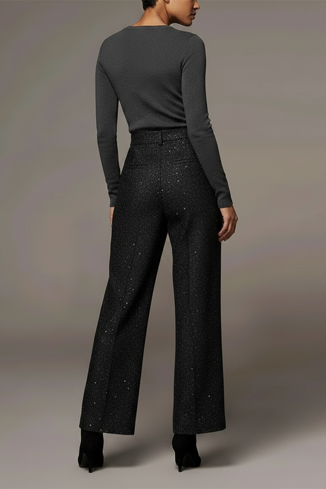 Pantalon Noir Paillettes Large Évasé Élégant Femme - Polyester - vue 2