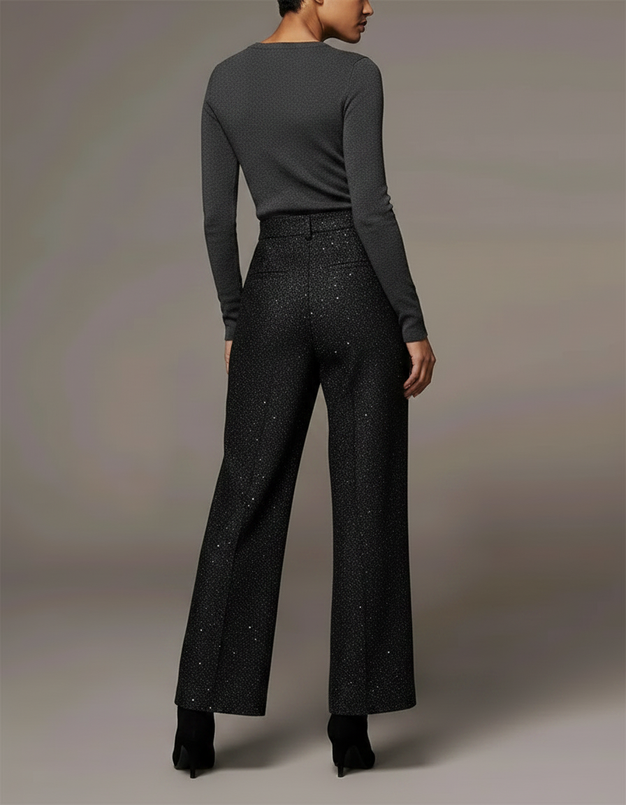 Pantalon Noir Paillettes Large Évasé Élégant Femme - Polyester - vue 2