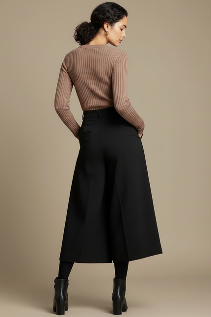 Pantalon Noir Ample Taille Haute Élégant Fluide - Polyester - vue 2
