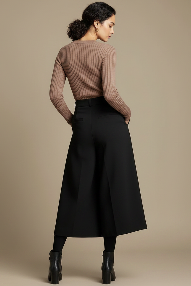Pantalon Noir Ample Taille Haute Élégant Fluide - Polyester - vue 2