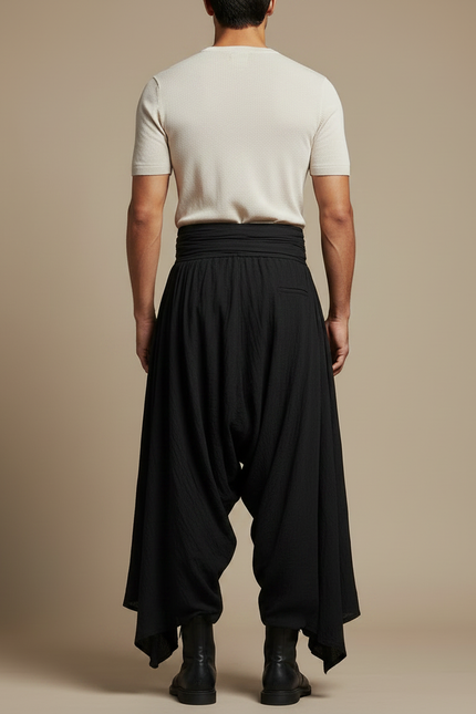 Pantalon Noir Ample Texturé Plissé Harem Homme - Lin - vue 2