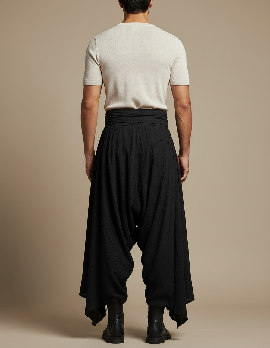Pantalon Noir Ample Texturé Plissé Harem Homme - Lin - vue 2