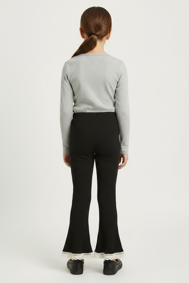 Pantalon Noir Évasé Côtelé Dentelle Crème Fille - Maille - vue 2