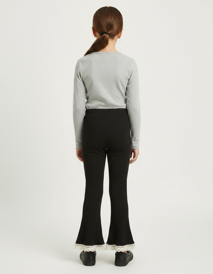 Pantalon Noir Évasé Côtelé Dentelle Crème Fille - Maille - vue 2