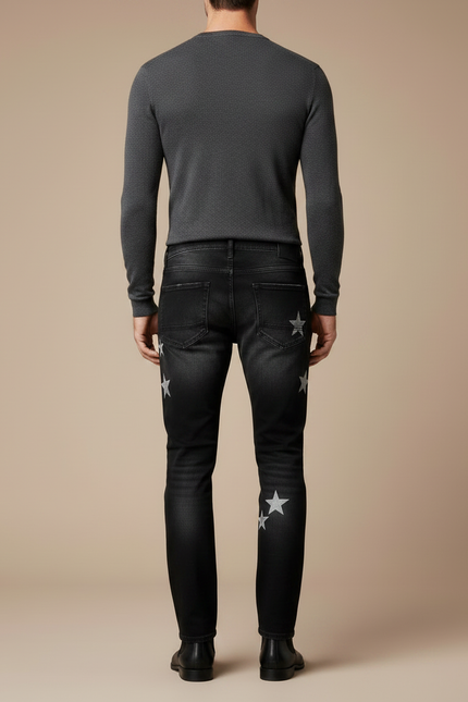 Pantalon Noir Étoiles Argentées Jean Ripped Homme - vue 2