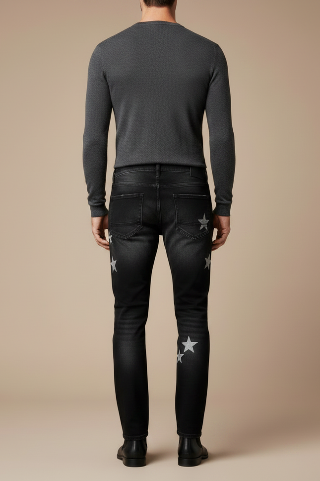 Pantalon Noir Étoiles Argentées Jean Ripped Homme - vue 2