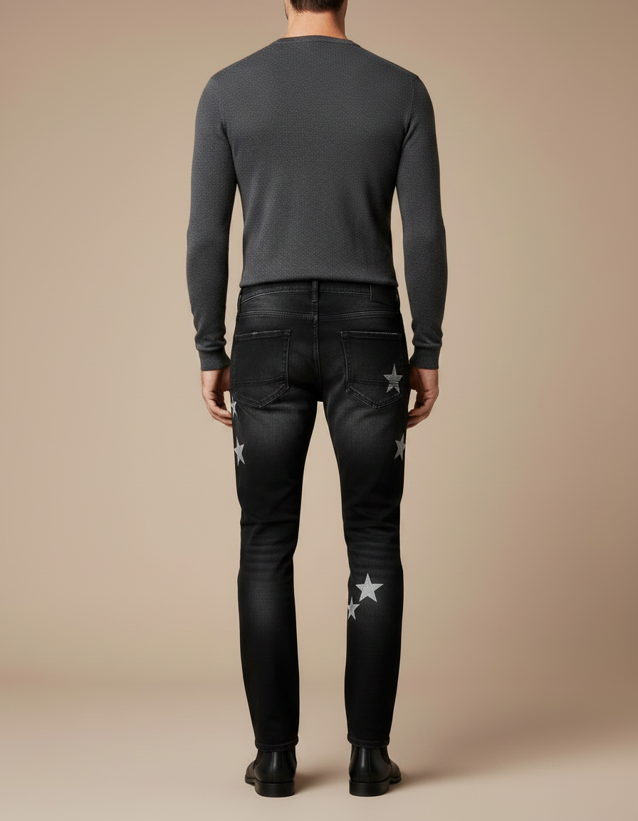 Pantalon Noir Étoiles Argentées Jean Ripped Homme - vue 2