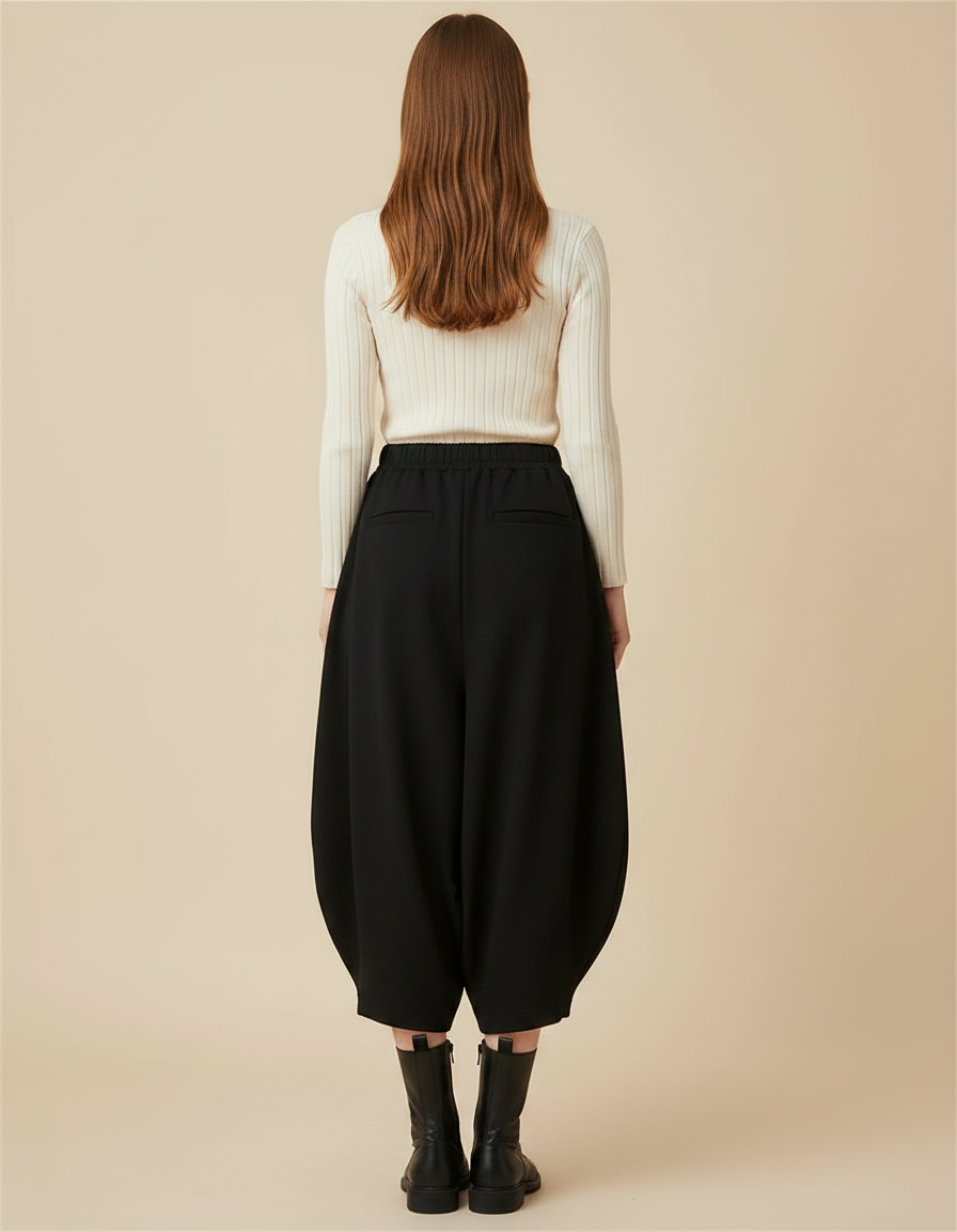 Pantalon Noir Ample Taille Haute Carotte Décontracté - Molleton - vue 2