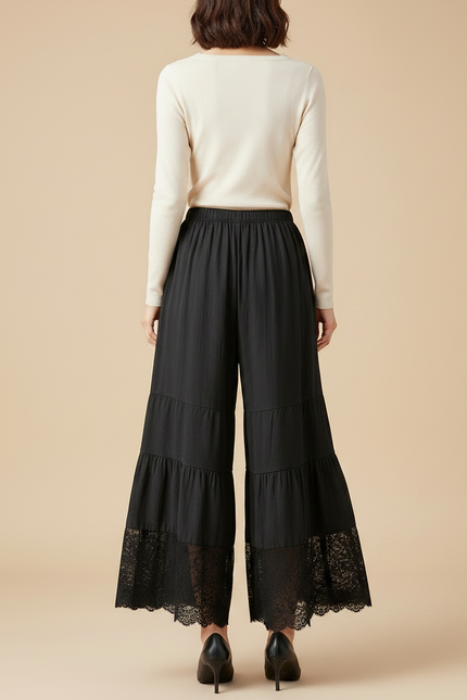 Pantalon Noir Ample Dentelle Volants Fluide Femme - Viscose - vue 2