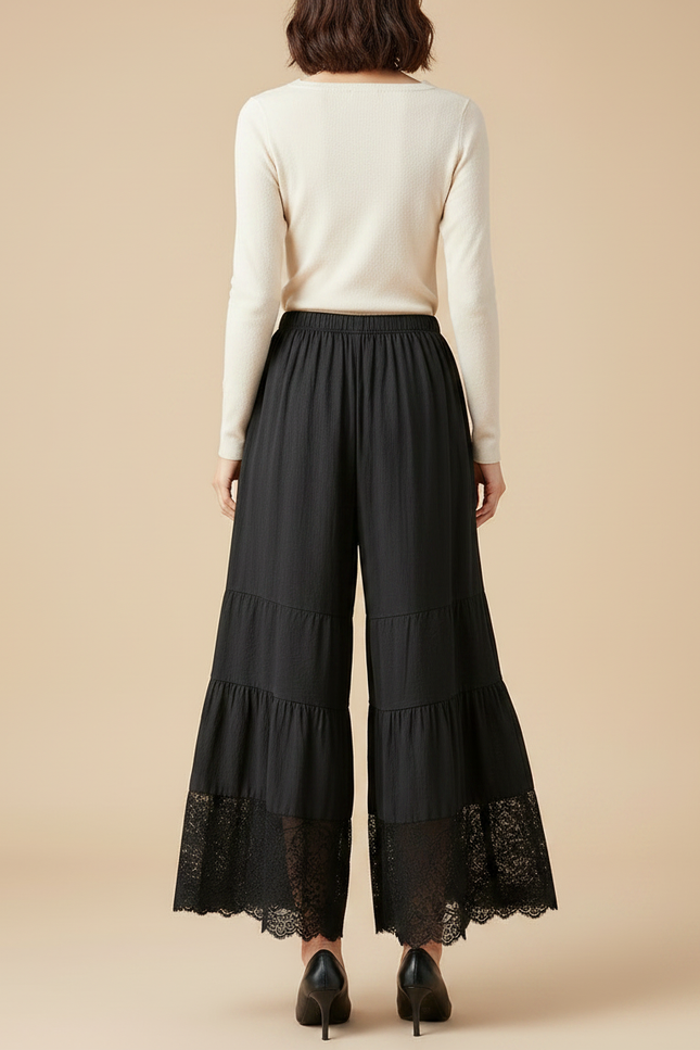 Pantalon Noir Ample Dentelle Volants Fluide Femme - Viscose - vue 2