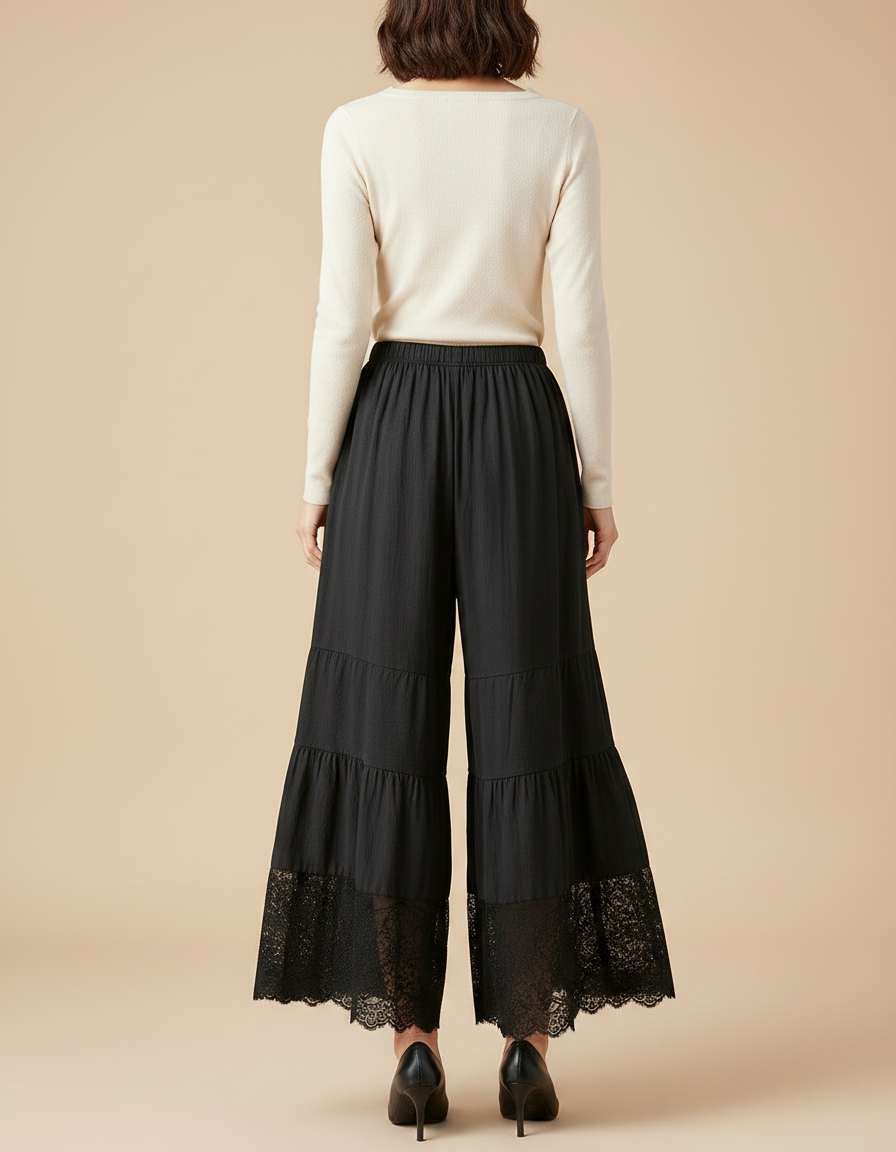 Pantalon Noir Ample Dentelle Volants Fluide Femme - Viscose - vue 2