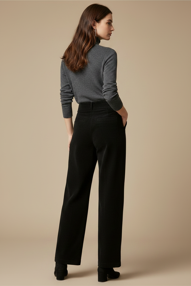 Pantalon Noir Velours Côtelé Ample Taille Haute Femme - Cordé - vue 2