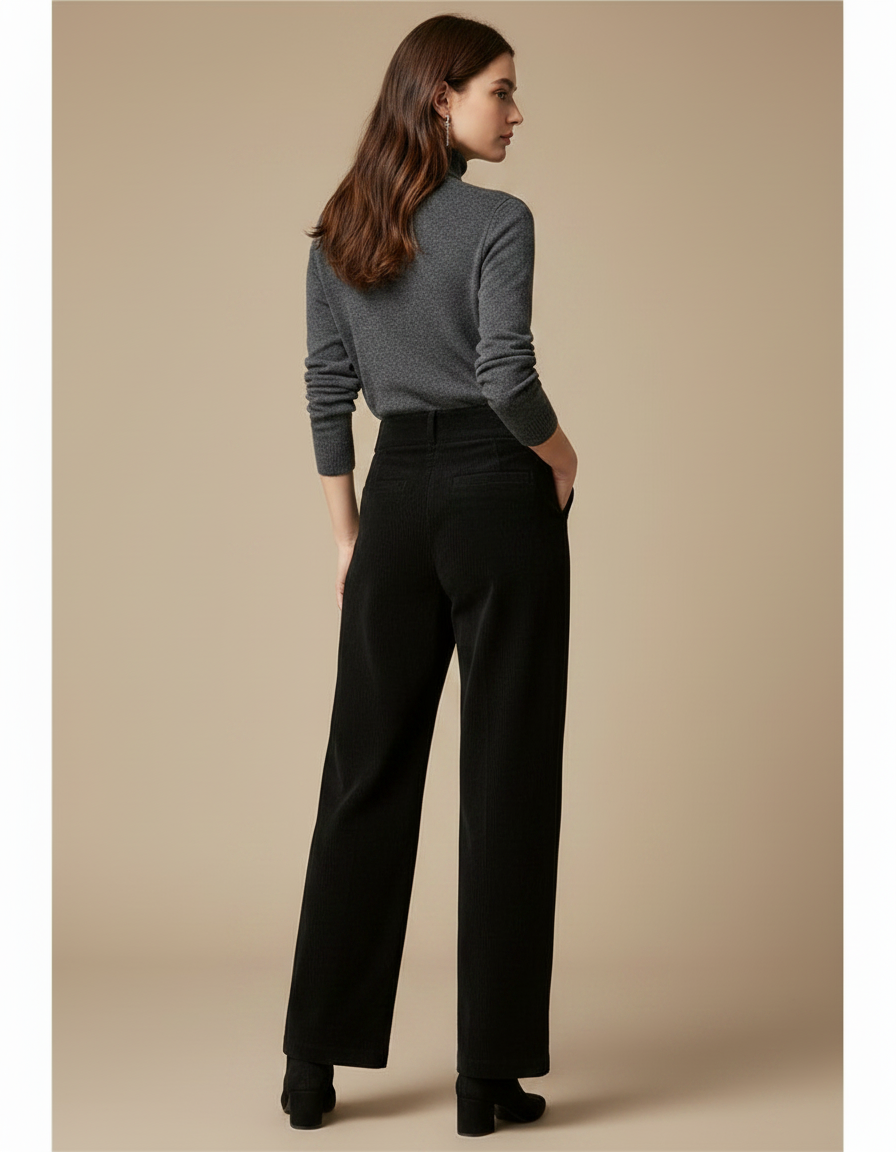 Pantalon Noir Velours Côtelé Ample Taille Haute Femme - Cordé - vue 2