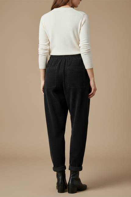 Pantalon Noir Côtelé Ample Taille Élastique Femme - Cordé - vue 2
