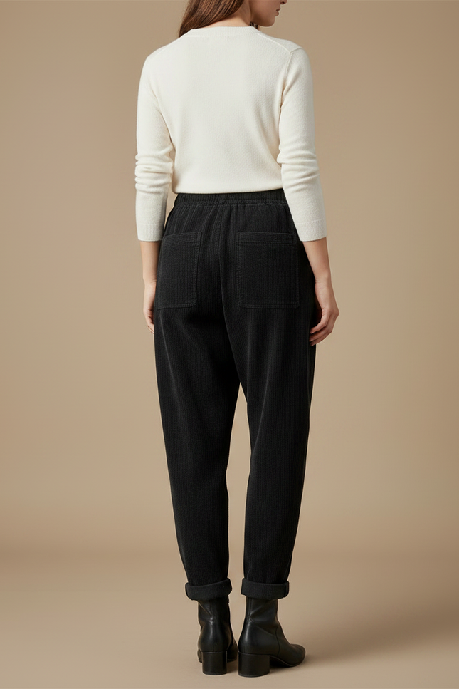 Pantalon Noir Côtelé Ample Taille Élastique Femme - Cordé - vue 2