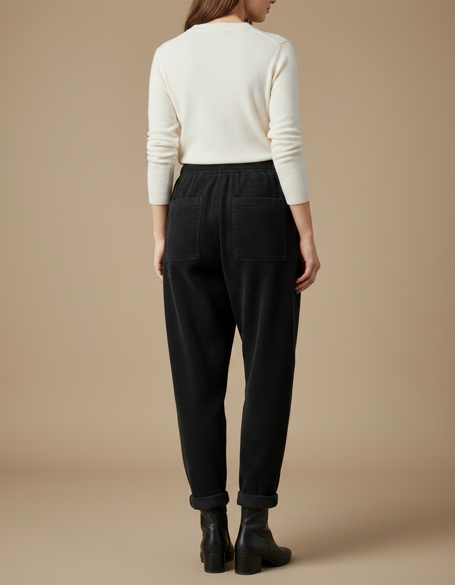 Pantalon Noir Côtelé Ample Taille Élastique Femme - Cordé - vue 2
