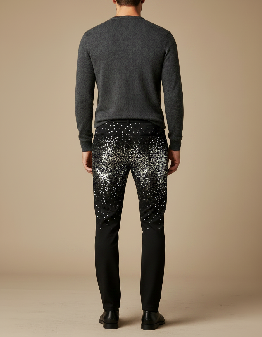 Pantalon Noir Pailleté Slim Homme Scintillant Élégant - Polyester - vue 2