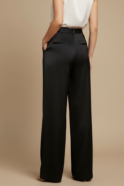 Pantalon Noir Satin Fluide Large Taille Haute - vue 2