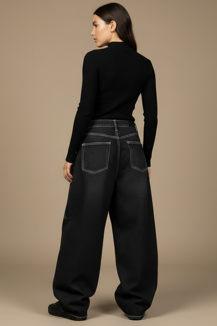 Pantalon Noir Ample Denim Brodé Tribal Femme - Jean - vue 2