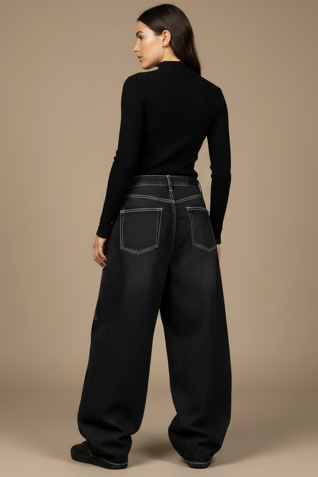 Pantalon Noir Ample Denim Brodé Tribal Femme - Jean - vue 2