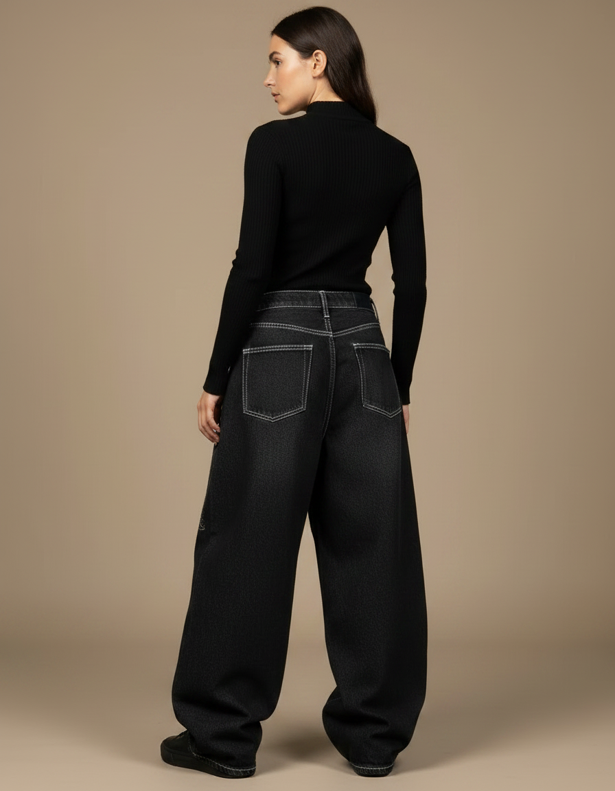 Pantalon Noir Ample Denim Brodé Tribal Femme - Jean - vue 2