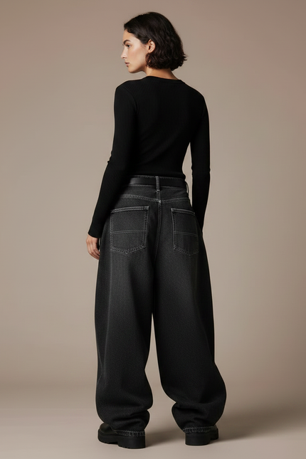 Pantalon Noir Ample Denim Délavé Femme - Jean - vue 2