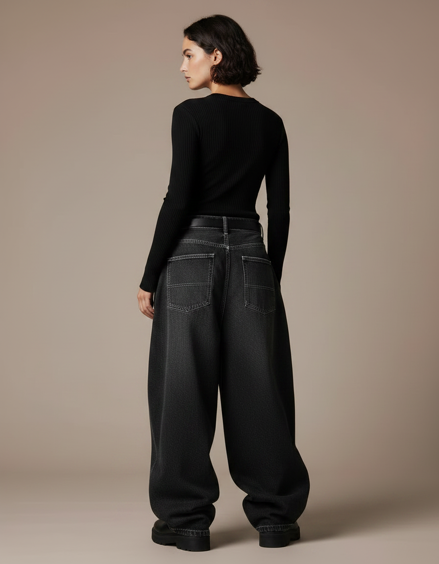 Pantalon Noir Ample Denim Délavé Femme - Jean - vue 2