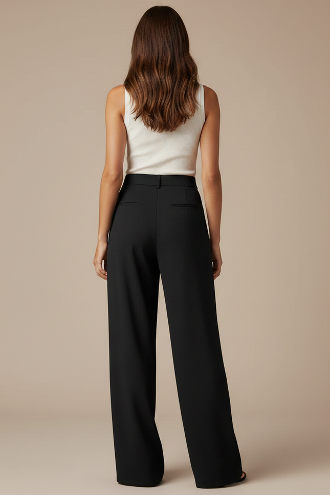 Pantalon Noir Fluide Ample Taille Haute Élégant - Polyester - vue 2