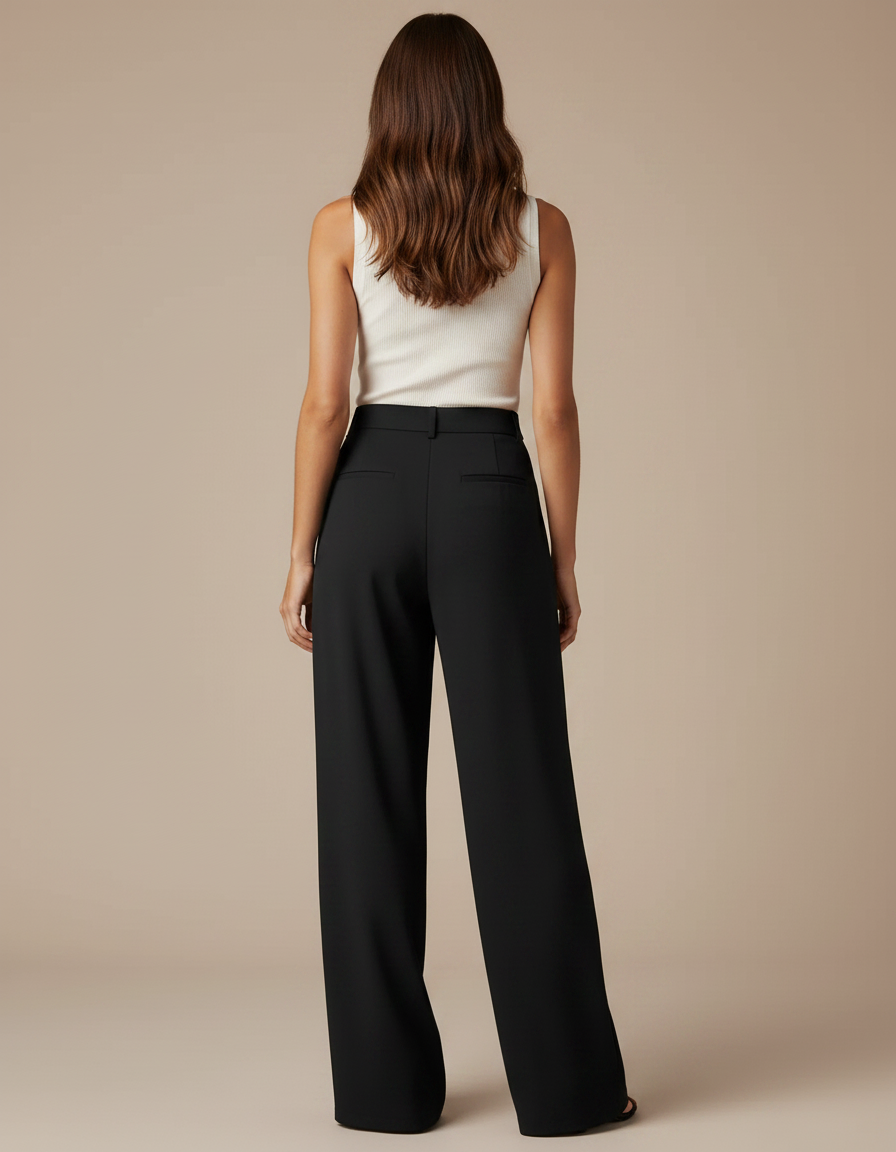 Pantalon Noir Fluide Ample Taille Haute Élégant - Polyester - vue 2